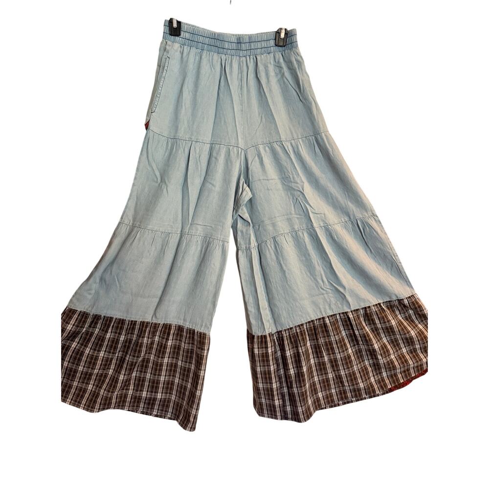 ODDI Plaid & Chambray Tiered Wide Leg Elastic Waist Pant NWT Size Small - Picture 5 of 8
